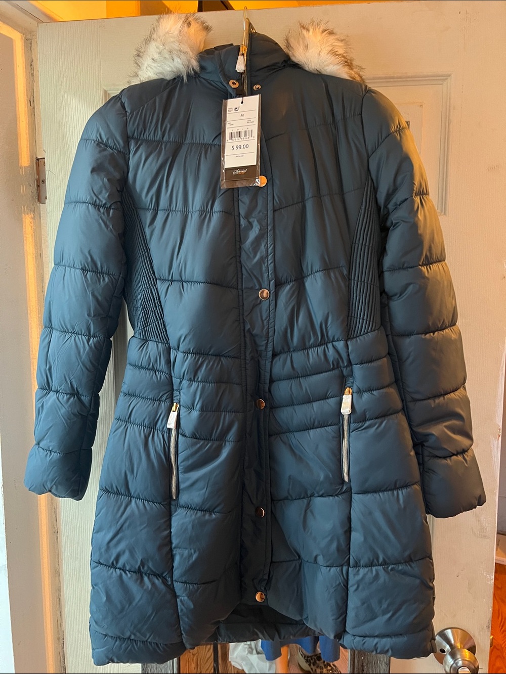 Womens Quilted Hooded Puffer Coat with Faux Fur Trim - Teal